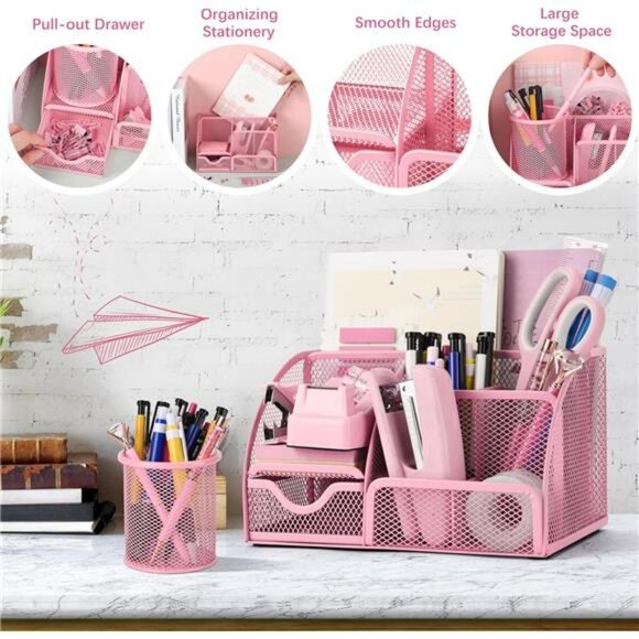 Pink office supplies set desk organizer stapler tape dispenser clips scissors - Picture 5 of 8
